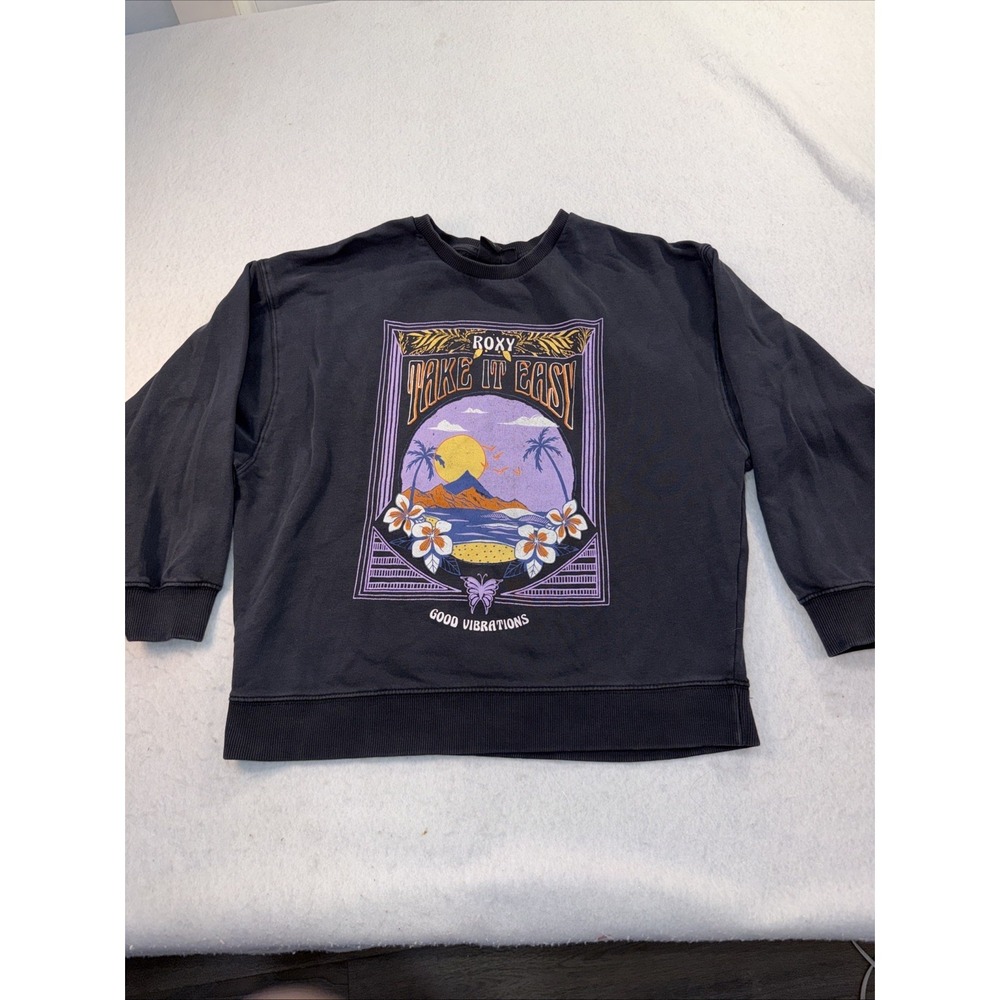 Roxy Crewneck Sweatshirt Womens Size Small Black Surf Graphic Boxy Oversized